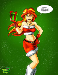 Size: 1024x1319 | Tagged: safe, artist:pete-da-graptor, sunset shimmer, human, equestria girls, g4, christmas, clothes, costume, female, holiday, midriff, open mouth, open smile, present, santa costume, sexy, sexy santa costume, smiling, solo