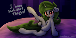 Size: 4096x2048 | Tagged: safe, artist:darbedarmoc, oc, oc:minerva, pony, unicorn, bedroom, belly button, excited, featureless crotch, looking at you, red eyes, solo, spread legs, spreading, talking