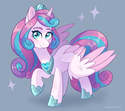 Size: 1992x1772 | Tagged: safe, artist:skysorbett, princess flurry heart, alicorn, pony, g4, colored wings, crown, crystal heart, female, hoof shoes, jewelry, looking at you, mare, older, older flurry heart, raised hoof, regalia, simple background, smiling, solo, sparkles, two toned wings, wings
