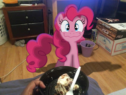 Size: 3264x2448 | Tagged: safe, artist:mlptmntfan2000, artist:rariedash, pinkie pie, human, pony, g4, cinnamon bun, food, hand, high res, irl, photo, ponies in real life