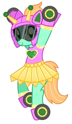 Size: 3000x5160 | Tagged: safe, artist:jennieoo, oc, oc only, oc:goldheart, pony, robot, robot pony, bipedal, clothes, commission, female, helmet, hooves up, jumping, looking at you, mare, simple background, skates, skirt, smiling, smiling at you, solo, transparent background, vector