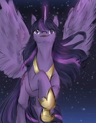 Size: 800x1025 | Tagged: safe, artist:tatsuk0, twilight sparkle, alicorn, pony, g4, female, sky, solo, spread wings, stars, twilight sparkle (alicorn), wings