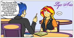 Size: 1431x741 | Tagged: safe, artist:linedraweer, flash sentry, sunset shimmer, human, equestria girls, g4, ..., comic, cropped, dialogue, duo, female, male, speech bubble