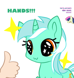 Size: 3349x3500 | Tagged: safe, artist:copster, bon bon, lyra heartstrings, sweetie drops, human, pony, unicorn, g4, :3, cute, female, hand, high res, lyrabetes, simple background, that pony sure does love hands, thumbs up, white background