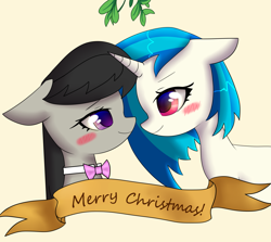 Size: 2827x2517 | Tagged: safe, artist:copster, dj pon-3, octavia melody, vinyl scratch, earth pony, pony, unicorn, g4, christmas, duo, female, high res, holiday, lesbian, mistletoe, ship:scratchtavia, shipping