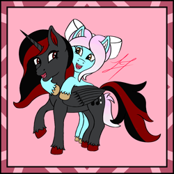 Size: 1014x1014 | Tagged: safe, artist:lucytwostickz, oc, oc:lucy twosticks, oc:scarlet shadow, alicorn, pony, alicorn oc, female, horn, mare, wings