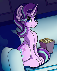 Size: 1600x2000 | Tagged: safe, artist:blackiethepony, starlight glimmer, pony, unicorn, g4, couch, female, food, looking at you, mare, popcorn, sitting, solo