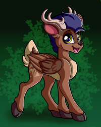 Size: 1600x2000 | Tagged: safe, artist:blackiethepony, oc, oc:arny, deer, deer pony, original species, peryton, abstract background, antlers, cloven hooves, green background, looking at you, male, simple background, smiling, solo