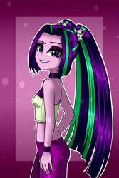 Size: 1000x1500 | Tagged: safe, artist:nekojackun, aria blaze, human, equestria girls, g4, my little pony equestria girls: rainbow rocks, aria flat, ariabetes, bare shoulders, casual, clothes, cute, delicious flat chest, eyeshadow, female, lidded eyes, looking at you, makeup, pants, pigtails, sleeveless, smiling, solo, teeth, twintails