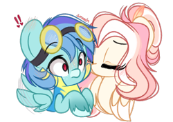 Size: 2898x2048 | Tagged: safe, artist:emberslament, oc, oc only, oc:featherlight serenade, oc:sea breeze, pegasus, pony, clothes, female, high res, kissing, mare, oc x oc, pegasus oc, shipping, simple background, transparent background, uniform, wonderbolt trainee uniform, wonderbolts uniform