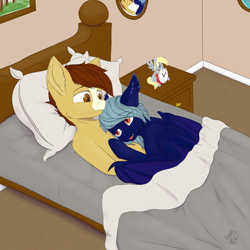 Size: 5000x5000 | Tagged: safe, artist:ladytechna, derpy hooves, oc, oc:stellar light, oc:wishful thinking, bat pony, earth pony, pony, g4, bed, clock, gay, male, oc x oc, pillow, shipping, snuggling