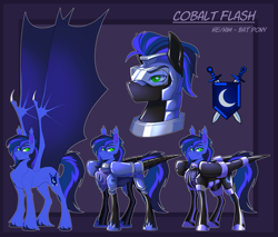 Size: 6150x5250 | Tagged: safe, artist:parrpitched, oc, oc:guard cobalt flash, bat pony, latex pony, original species, pony, armor, bat pony oc, bound wings, concave belly, fireheart76's latex suit design, guard, helmet, latex, latex boots, latex suit, prisoners of the moon, reference sheet, royal guard, rubber, rubber suit, visor, wings