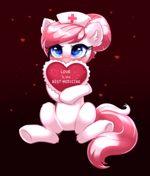Size: 2968x3485 | Tagged: safe, artist:confetticakez, nurse redheart, earth pony, pony, g4, blushing, cute, ear fluff, eyebrows, eyebrows visible through hair, female, gradient background, hat, heart, heart eyes, heartabetes, high res, mare, nurse hat, sitting, solo, wingding eyes
