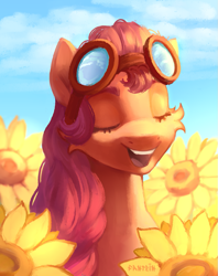 Size: 819x1035 | Tagged: safe, artist:fantein, sunny starscout, earth pony, pony, g5, aviator goggles, eyes closed, female, flower, goggles, happy, mare, open mouth, open smile, smiling, solo, sunflower