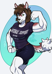 Size: 2865x4051 | Tagged: safe, artist:blackblood-queen, oc, oc only, oc:harley pyrite, diamond dog, anthro, digitigrade anthro, abs, anthro oc, clothes, commission, diamond dog oc, digital art, female, female diamond dog, flexing, muscles, muscular female, shirt, shorts, solo