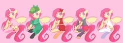 Size: 2727x964 | Tagged: safe, artist:solid shrimp, fluttershy, pegasus, pony, g4, bow, cheerleader, cheerleader outfit, clothes, detective, female, flying, hat, nurse, one-piece swimsuit, outfit, outfits, punk, skirt, socks, swimsuit, wings, wrestler