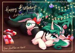 Size: 2388x1668 | Tagged: safe, artist:alrumoon_art, oc, oc only, pony, unicorn, bow, christmas, christmas tree, female, heart, heart eyes, holiday, mare, present, solo, tail, tail bow, tree, wingding eyes