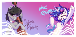 Size: 3403x1668 | Tagged: safe, artist:alrumoon_art, dj pon-3, octavia melody, vinyl scratch, earth pony, pony, unicorn, g4, female, mare