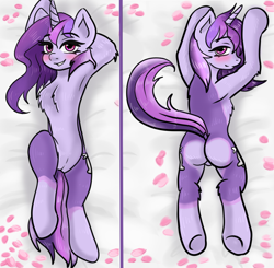 Size: 1034x1015 | Tagged: safe, artist:ichigokres, oc, oc only, oc:dreaming bell, pony, unicorn, armpits, bed, blushing, body pillow, butt, chest fluff, cute, dock, featureless crotch, female, heart butt marking, horn, lying down, mare, ocbetes, on back, plot, rear view, rose petals, solo, tail, two toned coat