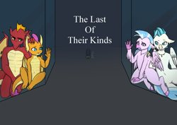 Size: 2039x1446 | Tagged: safe, artist:natt333, garble, silverstream, smolder, terramar, dragon, hippogriff, fanfic:the last of their kinds, g4, accessory, author:shakespearicles, brother, brother and sister, cage, closed mouth, cover art, eyebrows, eyelashes, eyes open, family, fanfic, fanfic art, fanfic cover, female, fimfiction, folded wings, freckles, frown, hand on head, hand on shoulder, implied inbreeding, implied incest, implied sex, implied shipping, inbreeding, incest, jewelry, logo, looking, looking at each other, looking at someone, looking back, male, necklace, nostrils, pearl, pearl necklace, pupils, sad, sad face, shakespearicles, ship:hippocest, ship:smolble, shipping, siblings, signature, simple background, sister, straight, teeth, text, the last of their kinds, trapped, wall of tags, wings, xk-class end-of-the-world scenario