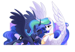 Size: 3194x2216 | Tagged: safe, artist:alrumoon_art, princess celestia, princess luna, alicorn, pony, g4, curved horn, duo, duo female, eyebrows, eyebrows visible through hair, eyes closed, female, heart, heart eyes, high res, horn, mare, open mouth, open smile, royal sisters, siblings, simple background, sisters, smiling, spread wings, transparent background, wingding eyes, wings