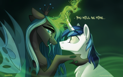 Size: 1881x1181 | Tagged: safe, artist:alrumoon_art, queen chrysalis, shining armor, changeling, changeling queen, pony, unicorn, a canterlot wedding, g4, female, glowing, glowing horn, green tongue, horn, long tongue, looking into each others eyes, male, mare, mind control, stallion, tongue out