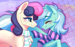 Size: 1881x1181 | Tagged: safe, artist:alrumoon_art, bon bon, lyra heartstrings, sweetie drops, earth pony, pony, g4, blushing, clothes, female, heart, heart eyes, mare, scarf, striped scarf, wingding eyes