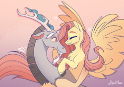 Size: 2388x1668 | Tagged: safe, artist:alrumoon_art, discord, fluttershy, draconequus, pegasus, pony, g4, female, male, mare