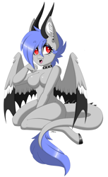 Size: 2500x4078 | Tagged: safe, artist:melodytheartpony, oc, oc only, oc:melody silver, dracony, dragon, hybrid, anthro, beauty mark, choker, collar, curvy, ear piercing, fangs, female, happy, heart, horns, looking at you, nyan, piercing, rule 63, signature, simple background, sitting, slit pupils, smiling, solo, spiked choker, spread wings, white background, wings