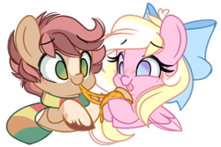Size: 3074x2048 | Tagged: safe, artist:emberslament, oc, oc only, oc:bay breeze, oc:pitch kritter pine, pegasus, pony, chibi, clothes, female, food, high res, male, mare, oc x oc, pinebreeze, pizza, scarf, shipping, simple background, stallion, straight, transparent background