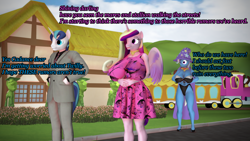 Size: 1920x1080 | Tagged: safe, artist:rexyvexi, princess cadance, shining armor, trixie, alicorn, unicorn, anthro, comic:trixies sluts, g4, 3d, big breasts, breasts, busty princess cadance, clothes, huge breasts, leotard, source filmmaker