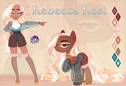 Size: 1280x874 | Tagged: safe, artist:emperor-anri, oc, oc only, oc:rebecca rest, earth pony, human, pony, equestria girls, g4, bedroom eyes, blue eyes, boots, clothes, earth pony oc, equestria girls-ified, eyelashes, eyeshadow, golden eyes, hand on hip, hoof on chest, hoof shoes, jewelry, lidded eyes, lipstick, long hair, long mane, long tail, looking at you, makeup, necklace, pointing, raised hoof, reference sheet, shoes, shorts, sleeveless turtleneck, smiling, socks, tail, thigh highs, zoom layer