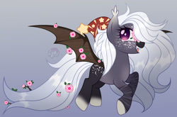 Size: 1280x846 | Tagged: safe, artist:emperor-anri, oc, oc only, bat pony, pony, g4, bat pony oc, bat wings, body freckles, body markings, colored hooves, colored muzzle, colored wings, cute, cute little fangs, eyelashes, facial markings, fangs, flower, flower in hair, flower in tail, flying, freckles, gradient background, gray background, hair over one eye, hat, leg stripes, open mouth, open smile, purple eyes, simple background, slit pupils, smiling, solo, tail, wings