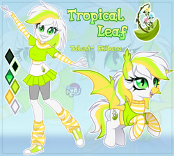 Size: 1280x1145 | Tagged: safe, artist:emperor-anri, oc, oc only, oc:tropical leaf, bat pony, human, pony, equestria girls, g4, bat pony oc, blue background, clothes, colored muzzle, converse, cute, cute little fangs, ear tufts, elf ears, equestria girls-ified, eyelashes, fangs, flying, green eyes, grin, leg warmers, lipstick, makeup, midriff, multicolored hair, multicolored mane, multicolored tail, reference sheet, shoes, shorts, shorts under skirt, simple background, skirt, slit pupils, smiling, sneakers, spread wings, standing, standing on one leg, striped sweater, sweater, tail, wings, zoom layer