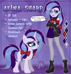 Size: 1280x1327 | Tagged: safe, artist:emperor-anri, oc, oc only, oc:afina sharp, human, pony, unicorn, equestria girls, g4, blue eyes, boots, bow, chains, clothes, crossed arms, dreamworks face, equestria girls-ified, eyeshadow, female, fishnet pantyhose, fishnet stockings, goth, hair bow, horn, lipstick, makeup, mare, off shoulder, platform shoes, shoes, skirt, smiling, smirk, unicorn oc, zoom layer