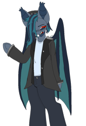 Size: 1390x2048 | Tagged: safe, artist:maggot, oc, oc only, oc:sigil swarm, bat pony, anthro, arm hooves, bat pony oc, clothes, glasses, hair over one eye, hat, jacket, open mouth, open smile, pants, sharp teeth, shirt, simple background, smiling, solo, squint, teeth, transparent background, underhoof, wings