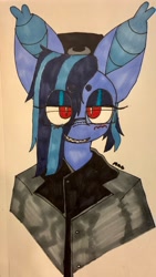 Size: 1156x2048 | Tagged: safe, artist:maggot, oc, oc only, oc:sigil swarm, bat pony, anthro, bat pony oc, blushing, bust, clothes, eye clipping through hair, glasses, grin, hair over one eye, lidded eyes, looking at you, marker drawing, sharp teeth, smiling, solo, teeth, traditional art