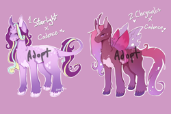 Size: 3000x2000 | Tagged: safe, artist:venobatss, oc, oc only, changepony, hybrid, pony, unicorn, curved horn, duo, female, high res, horn, interspecies offspring, leonine tail, magical lesbian spawn, mare, offspring, parent:princess cadance, parent:queen chrysalis, parent:starlight glimmer, parents:cadalis, pink background, simple background, tail, unicorn oc