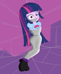 Size: 3300x4000 | Tagged: safe, artist:gregory-gid-did, twilight sparkle, human, equestria girls, g4, bondage, bound and gagged, cocoon, damsel in distress, female, gag, high res, kidnapped, mummification, purple background, simple background, solo, spider web, tied up