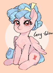 Size: 1246x1707 | Tagged: safe, artist:mouying34595, cozy glow, pegasus, pony, g4, female, filly, foal, simple background, sitting, solo, text