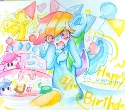 Size: 2160x1909 | Tagged: safe, artist:うめおにぎり, pinkie pie, rainbow dash, twilight sparkle, pegasus, pony, g4, birthday cake, birthday party, cake, food, party, rainbow dash day, rainbow dash's birthday, starry eyes, traditional art, watercolor painting, wingding eyes