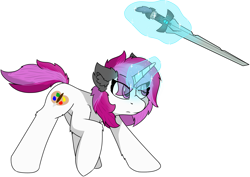 Size: 3825x2714 | Tagged: safe, artist:skylarpalette, oc, oc only, oc:skylar palette, pony, unicorn, angry, attack, concave belly, ear fluff, eye clipping through hair, female, floating, glowing, glowing horn, high res, horn, leg fluff, magic, magic aura, mare, pirate, simple background, simple shading, slender, solo, sword, telekinesis, thin, transparent background, unicorn oc, weapon