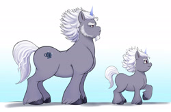 Size: 2732x1792 | Tagged: safe, artist:sallylla, alphabittle blossomforth, pony, unicorn, g5, age difference, age progression, alphabetes, alphabittle blossomforth is not amused, beard, blank flank, colt, colt alphabittle blossomforth, cute, duality, eyebrows, facial hair, fluffy, foal, freckles, frown, full body, height difference, hooves, male, muscles, older, pouting, pouty lips, raised hoof, reference sheet, side view, smiling, stallion, standing, time paradox, unamused, unshorn fetlocks, younger