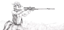 Size: 1900x910 | Tagged: safe, artist:baron engel, coco pommel, unicorn, anthro, g4, belt, button-up shirt, clothes, cowboy hat, cowgirl, denim, dress shirt, female, grayscale, gun, hat, jeans, monochrome, pants, pencil drawing, rifle, shirt, sniper rifle, stetson, story in the source, story included, traditional art, vest, weapon