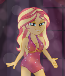 Size: 4944x5760 | Tagged: safe, artist:emeraldblast63, sunset shimmer, human, equestria girls, g4, absurd resolution, bare shoulders, breasts, cleavage, clothes, dress, female, grin, lidded eyes, looking at you, reasonably sized breasts, sleeveless, smiling, smiling at you, solo