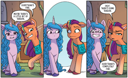 Size: 1468x899 | Tagged: safe, idw, official comic, izzy moonbow, sunny starscout, earth pony, pony, unicorn, g5, spoiler:comic, spoiler:g5, spoiler:g5comic, spoiler:g5comic09, cropped, dialogue, mane stripe sunny, out of context, shipping fuel, speech bubble