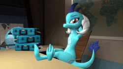 Size: 800x450 | Tagged: safe, artist:php170, princess ember, dragon, g4, 2fort, 3d, animated, arm behind head, briefcase, crossed legs, evil smile, feet, feet on table, female, gif, grin, horn, leaning, leaning back, looking at you, map, sitting, smiling, smiling at you, smirk, smug, solo, source filmmaker, table, tail, team fortress 2