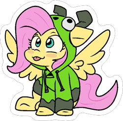 Size: 638x630 | Tagged: safe, artist:zutcha, fluttershy, pegasus, pony, antonymph, cutiemarks (and the things that bind us), g4, :p, blush sticker, blushing, clothes, cute, female, fluttgirshy, gir, hoodie, invader zim, mare, shyabetes, simple background, sitting, solo, spread wings, tongue out, transparent background, vylet pony, wings