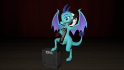 Size: 1920x1080 | Tagged: safe, artist:php170, princess ember, dragon, g4, 3d, amplifier, dragoness, electric guitar, female, grin, guitar, horn, looking at you, map, musical instrument, scenery, sitting, smiling, smiling at you, solo, source filmmaker, spread wings, table, tail, that dragon sure does love guitars, wings