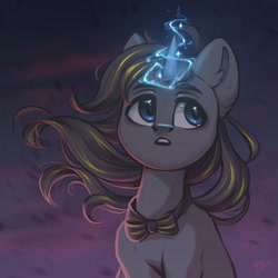 Size: 2048x2048 | Tagged: safe, artist:amishy, oc, oc only, pony, unicorn, bowtie, bust, glowing, glowing horn, high res, horn, looking away, solo, windswept mane